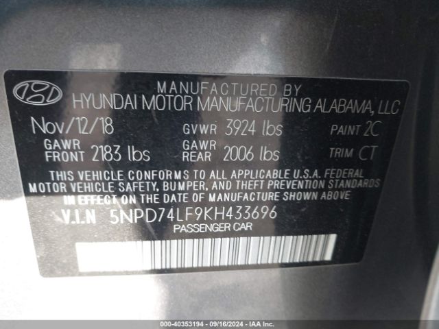 Photo 8 VIN: 5NPD74LF9KH433696 - HYUNDAI ELANTRA 