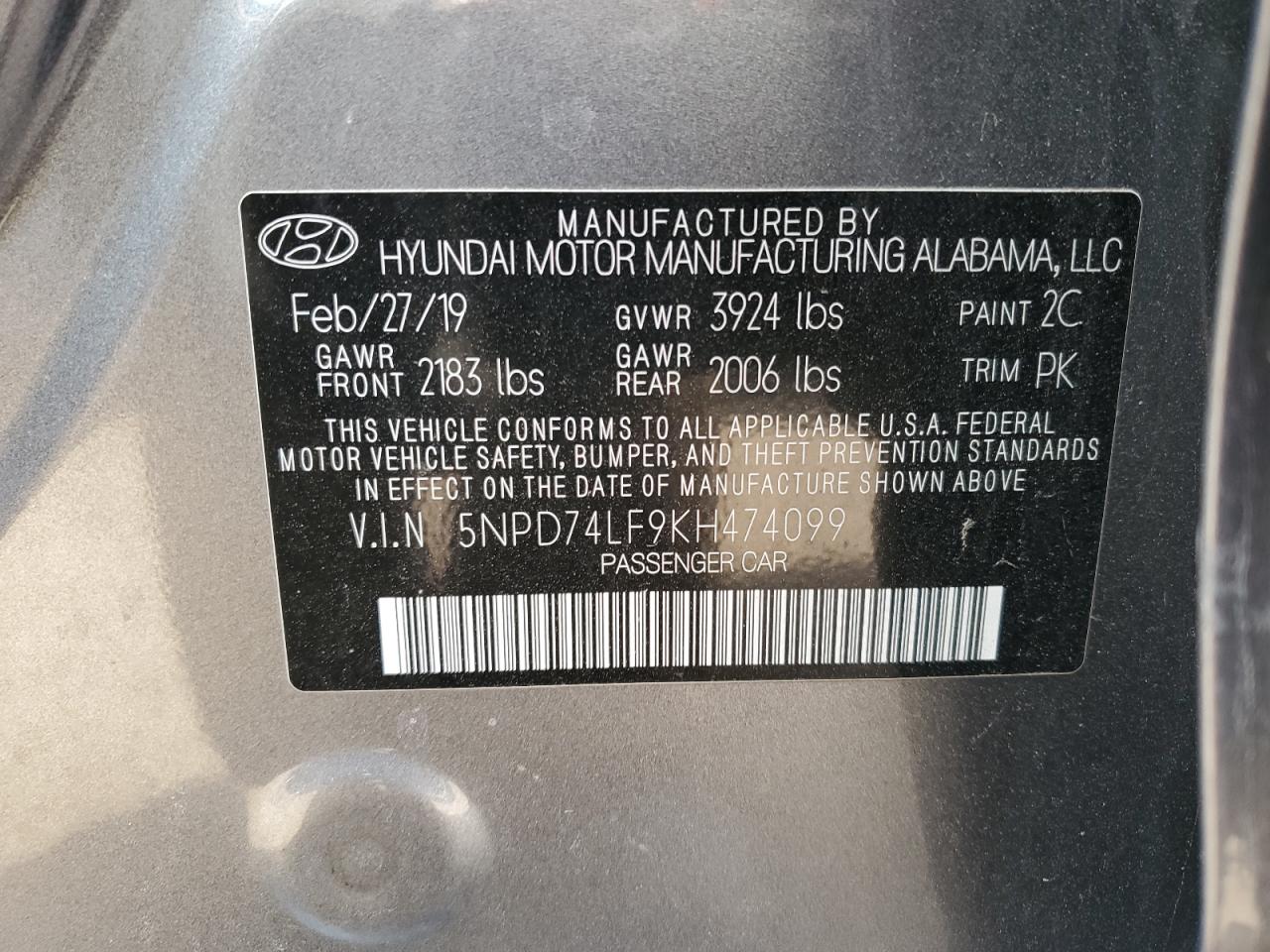 Photo 12 VIN: 5NPD74LF9KH474099 - HYUNDAI ELANTRA 