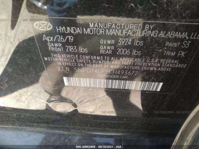 Photo 8 VIN: 5NPD74LF9KH493672 - HYUNDAI ELANTRA 