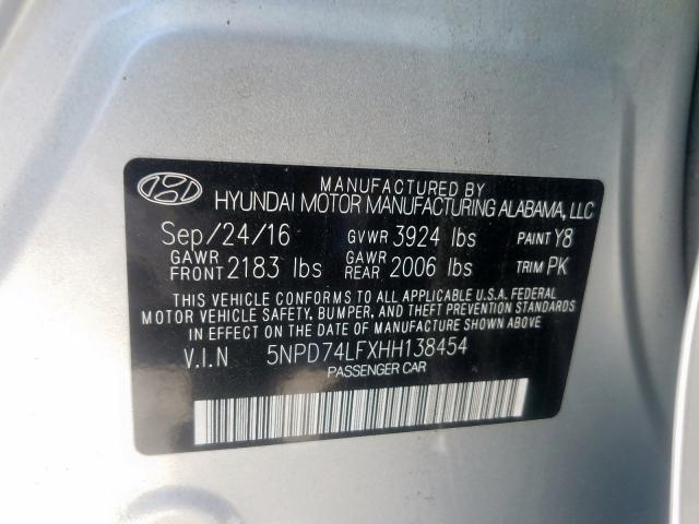 Photo 9 VIN: 5NPD74LFXHH138454 - HYUNDAI ELANTRA SE 