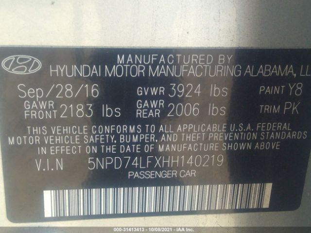 Photo 8 VIN: 5NPD74LFXHH140219 - HYUNDAI ELANTRA 