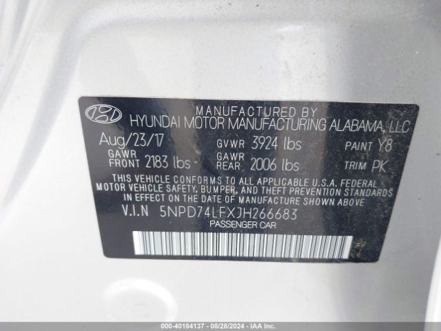 Photo 8 VIN: 5NPD74LFXJH266683 - HYUNDAI ELANTRA 