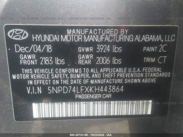 Photo 8 VIN: 5NPD74LFXKH443864 - HYUNDAI ELANTRA 