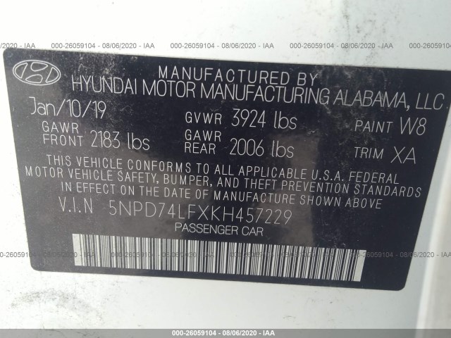 Photo 8 VIN: 5NPD74LFXKH457229 - HYUNDAI ELANTRA 