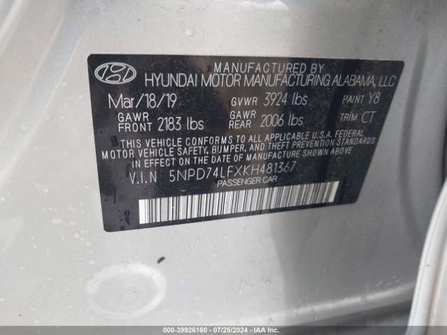 Photo 8 VIN: 5NPD74LFXKH481367 - HYUNDAI ELANTRA 