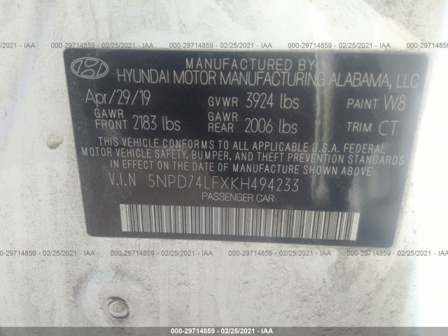 Photo 8 VIN: 5NPD74LFXKH494233 - HYUNDAI ELANTRA 