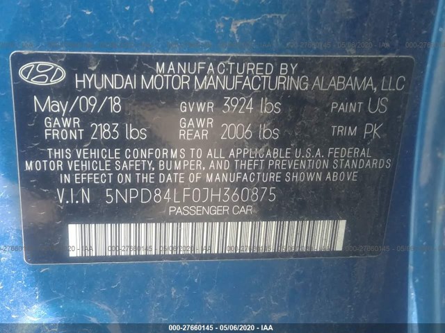 Photo 8 VIN: 5NPD84LF0JH360875 - HYUNDAI ELANTRA 