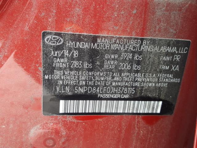 Photo 9 VIN: 5NPD84LF0JH378115 - HYUNDAI ELANTRA SE 