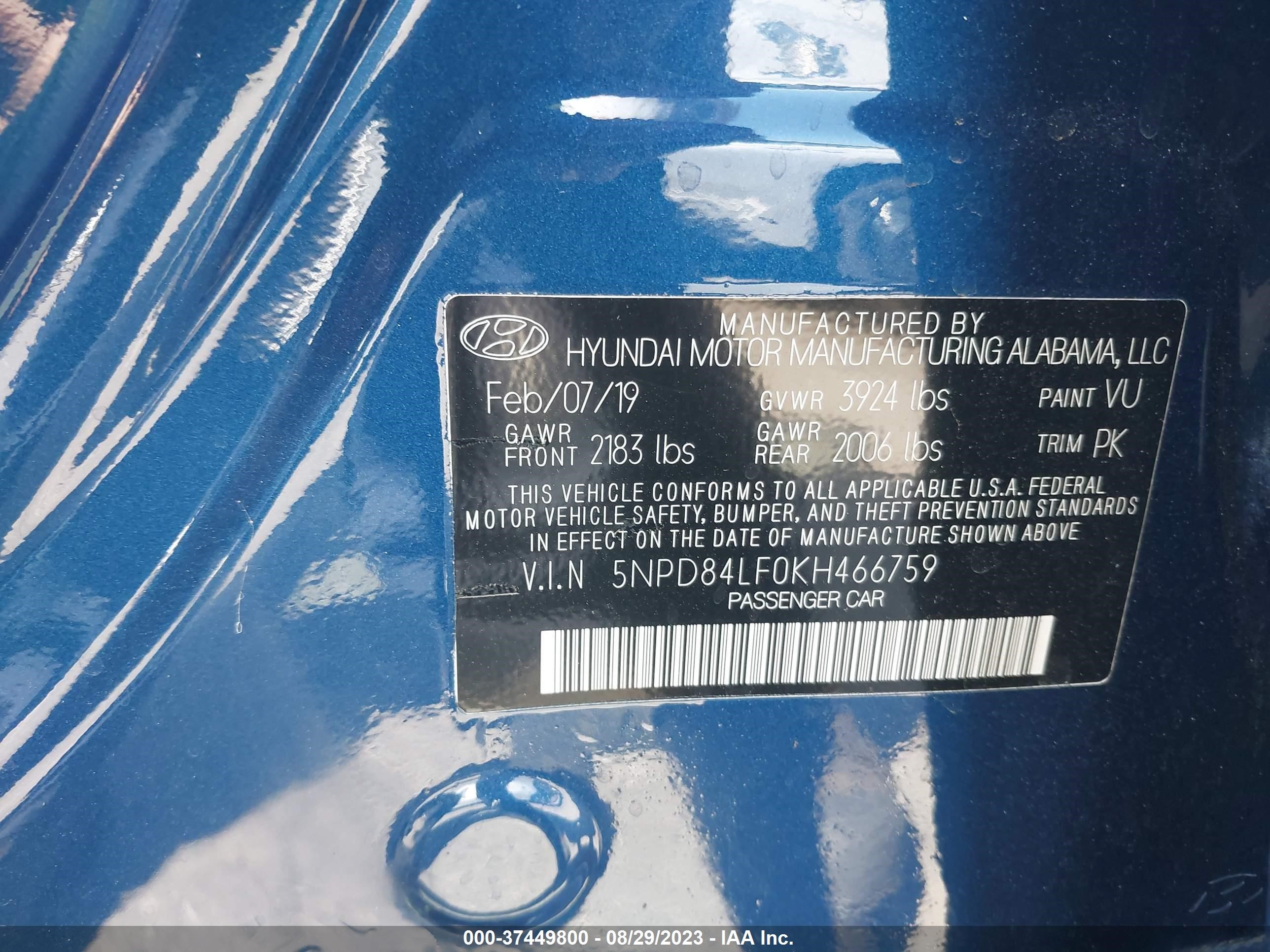 Photo 8 VIN: 5NPD84LF0KH466759 - HYUNDAI ELANTRA 