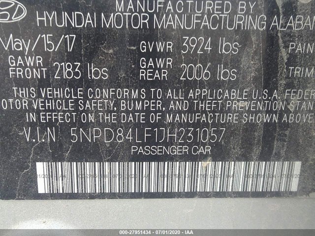 Photo 8 VIN: 5NPD84LF1JH231057 - HYUNDAI ELANTRA 