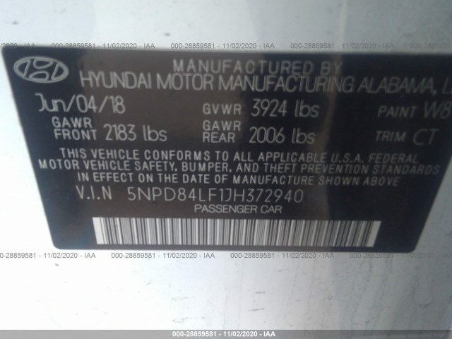 Photo 8 VIN: 5NPD84LF1JH372940 - HYUNDAI ELANTRA 