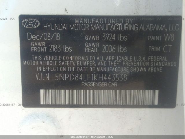 Photo 8 VIN: 5NPD84LF1KH443538 - HYUNDAI ELANTRA 