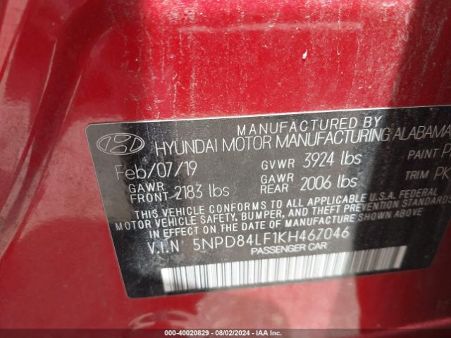 Photo 8 VIN: 5NPD84LF1KH467046 - HYUNDAI ELANTRA 