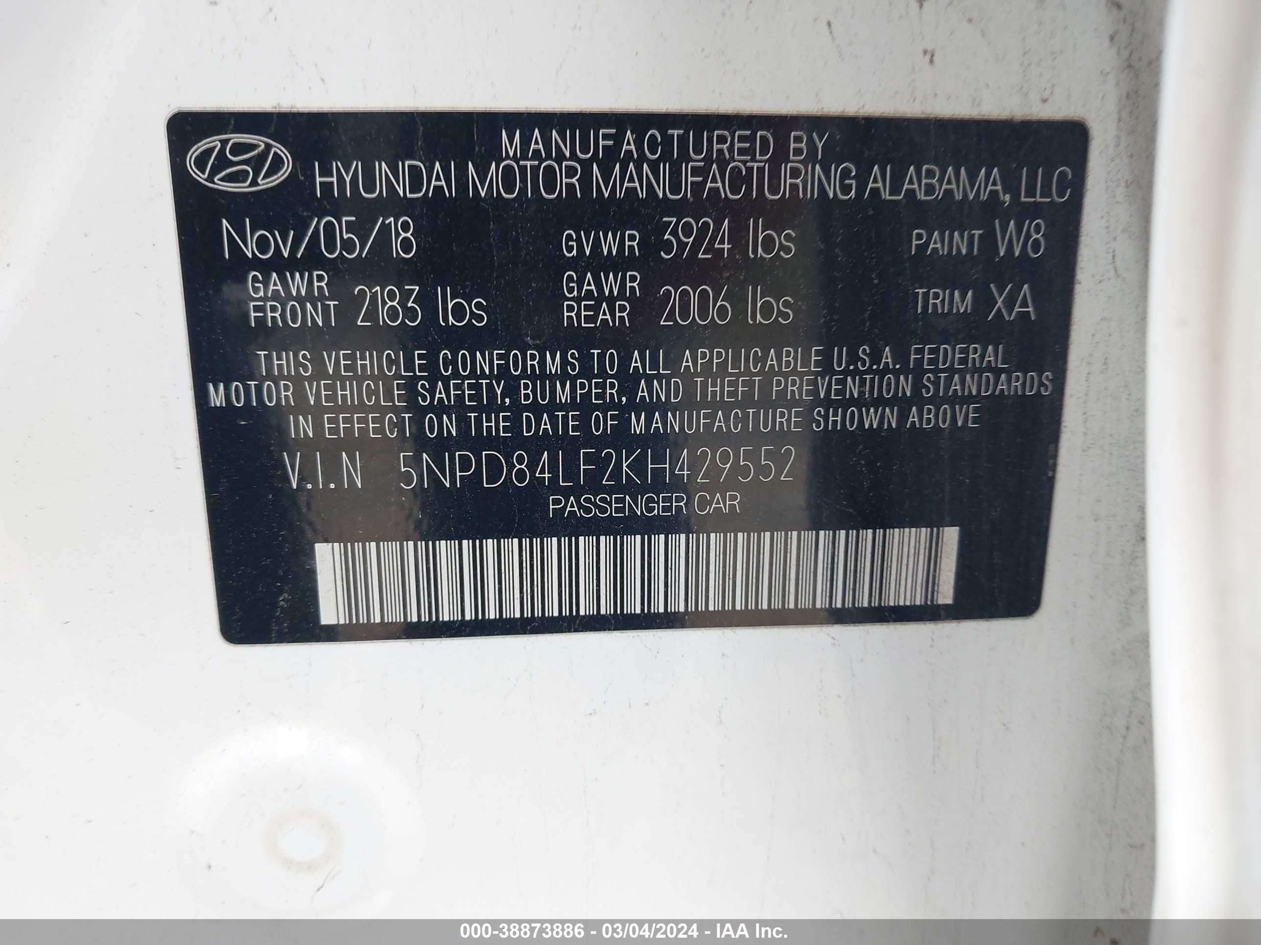 Photo 8 VIN: 5NPD84LF2KH429552 - HYUNDAI ELANTRA 