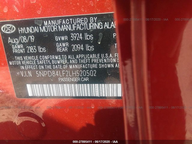 Photo 8 VIN: 5NPD84LF2LH520502 - HYUNDAI ELANTRA 