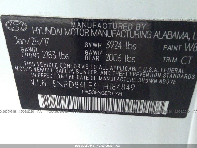 Photo 8 VIN: 5NPD84LF3HH184849 - HYUNDAI ELANTRA 