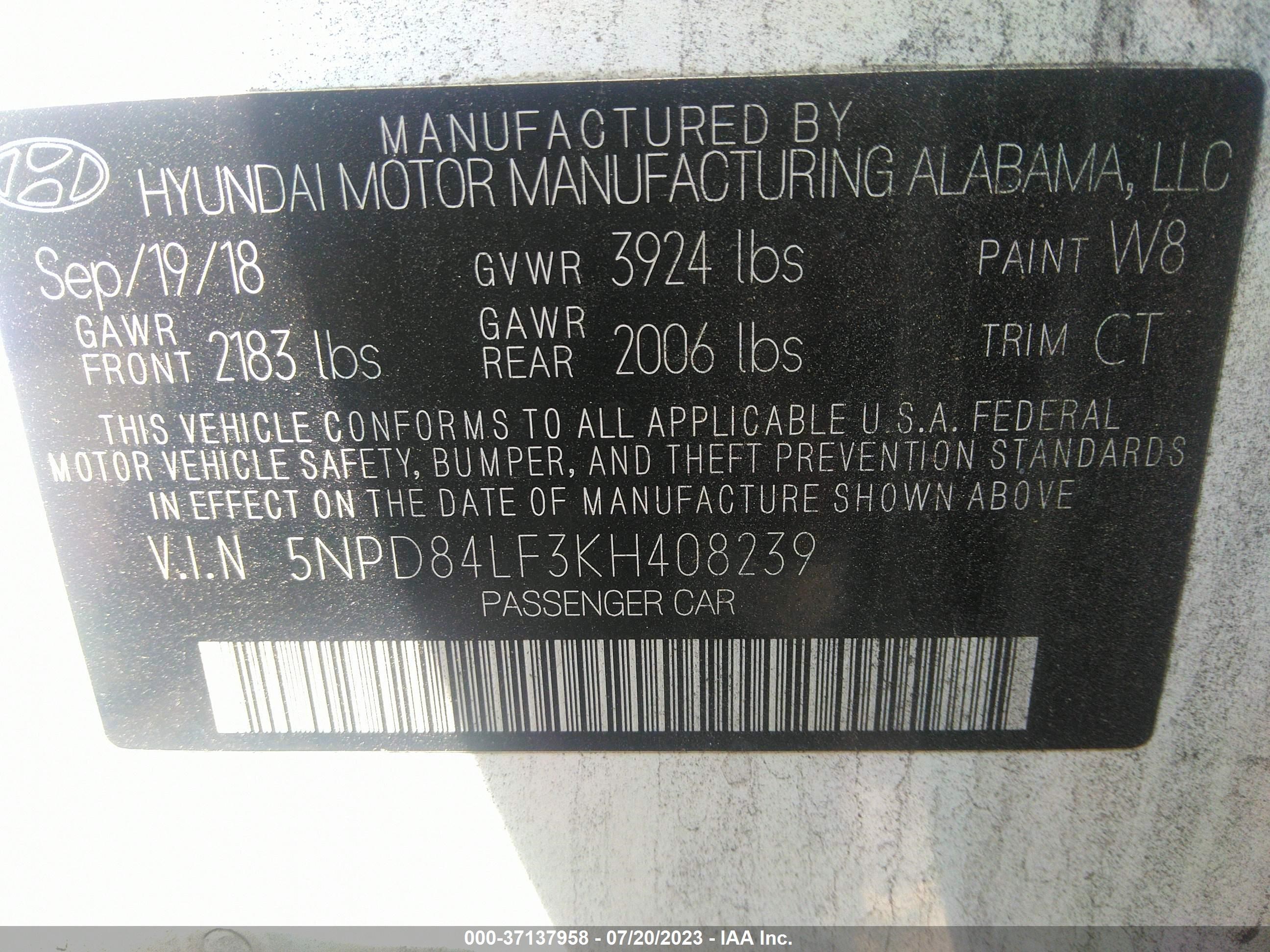 Photo 8 VIN: 5NPD84LF3KH408239 - HYUNDAI ELANTRA 