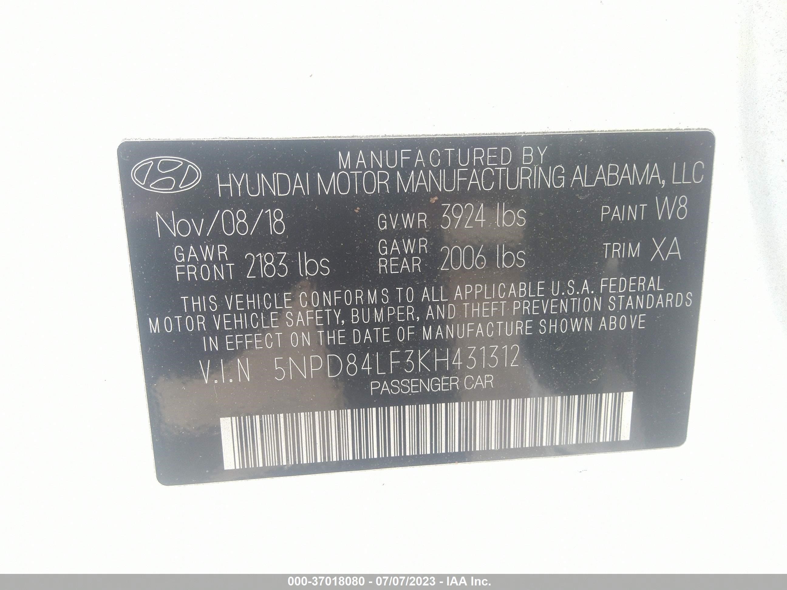 Photo 8 VIN: 5NPD84LF3KH431312 - HYUNDAI ELANTRA 