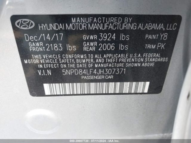 Photo 8 VIN: 5NPD84LF4JH307371 - HYUNDAI ELANTRA 