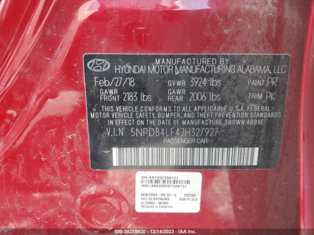 Photo 8 VIN: 5NPD84LF4JH327927 - HYUNDAI ELANTRA 