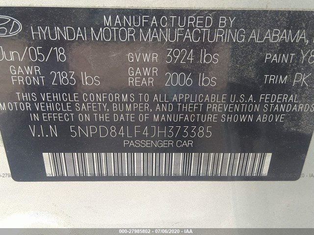 Photo 8 VIN: 5NPD84LF4JH373385 - HYUNDAI ELANTRA 