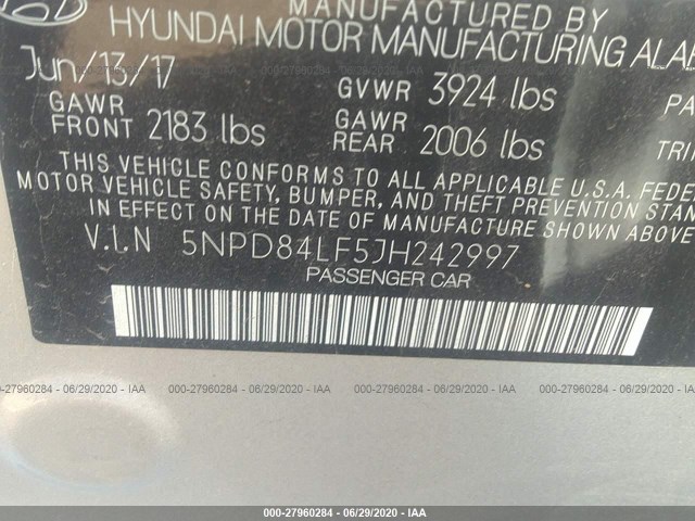 Photo 8 VIN: 5NPD84LF5JH242997 - HYUNDAI ELANTRA 