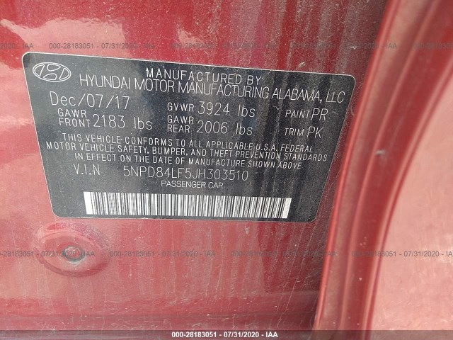 Photo 8 VIN: 5NPD84LF5JH303510 - HYUNDAI ELANTRA 