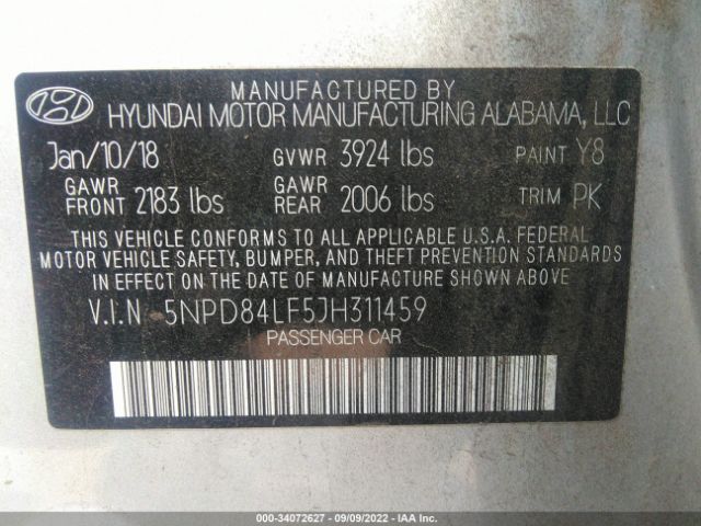 Photo 8 VIN: 5NPD84LF5JH311459 - HYUNDAI ELANTRA 