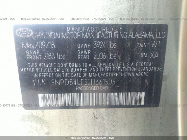 Photo 8 VIN: 5NPD84LF5JH361505 - HYUNDAI ELANTRA 