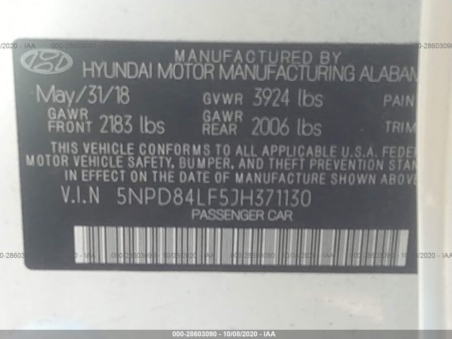 Photo 8 VIN: 5NPD84LF5JH371130 - HYUNDAI ELANTRA 