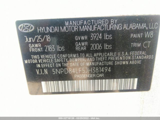 Photo 8 VIN: 5NPD84LF5JH381494 - HYUNDAI ELANTRA 