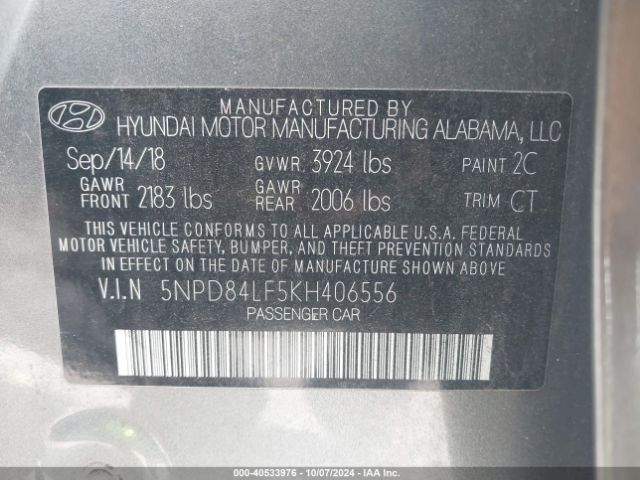 Photo 8 VIN: 5NPD84LF5KH406556 - HYUNDAI ELANTRA 