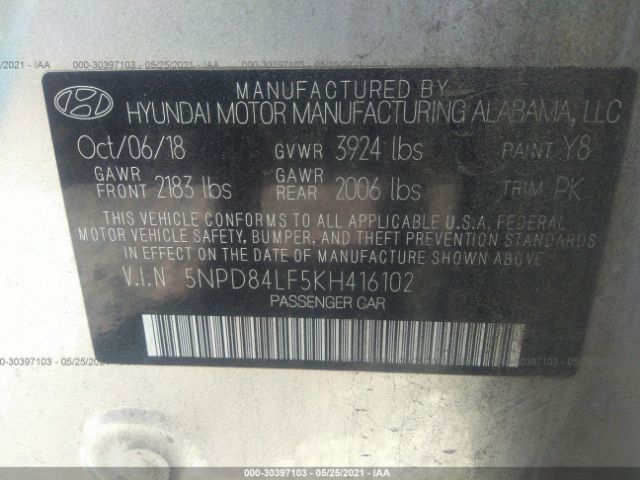 Photo 8 VIN: 5NPD84LF5KH416102 - HYUNDAI ELANTRA 