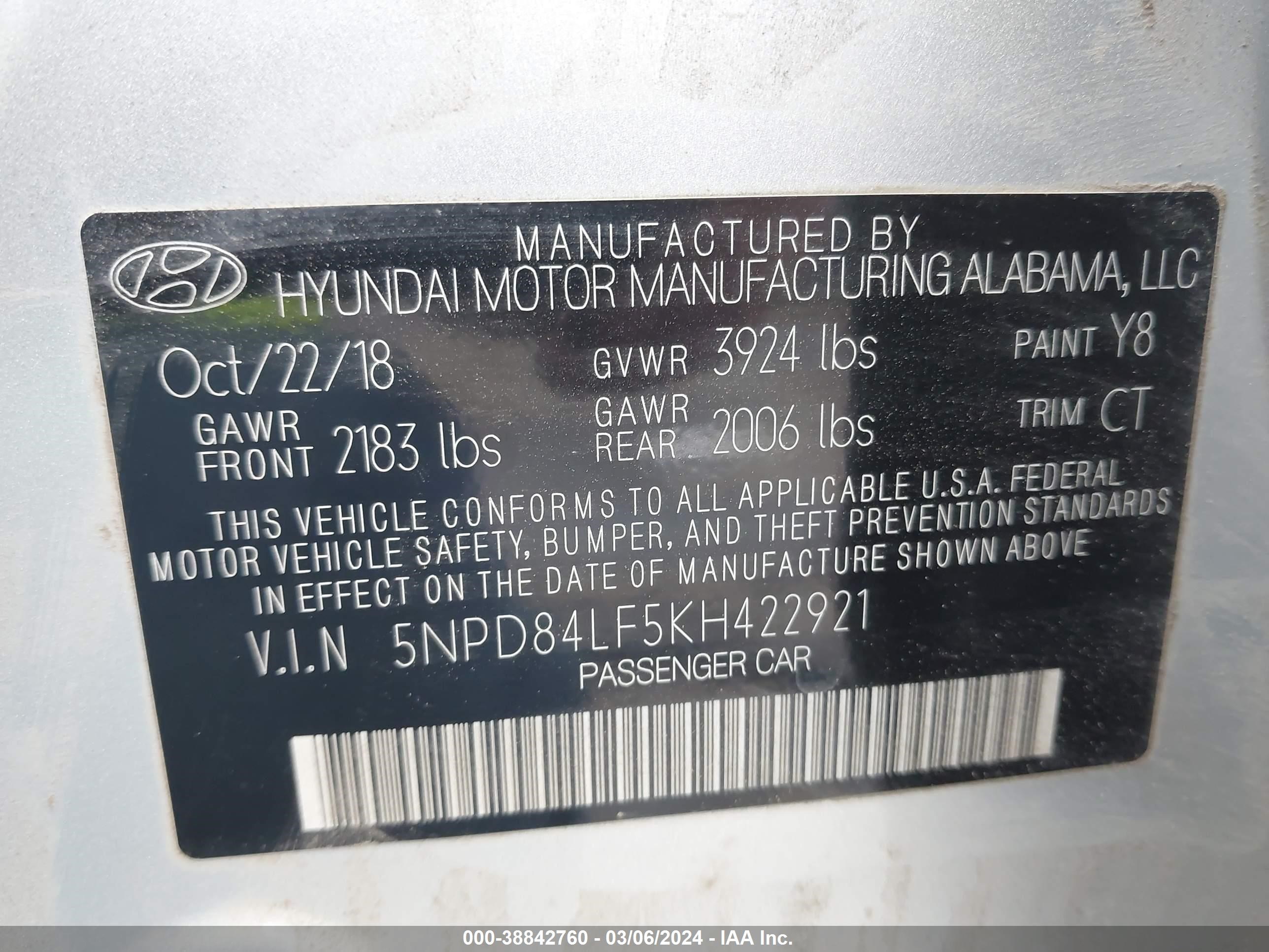 Photo 8 VIN: 5NPD84LF5KH422921 - HYUNDAI ELANTRA 