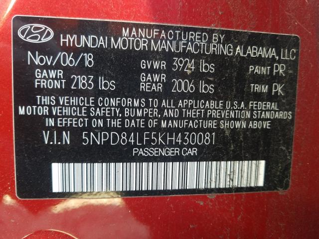 Photo 9 VIN: 5NPD84LF5KH430081 - HYUNDAI ELANTRA SE 