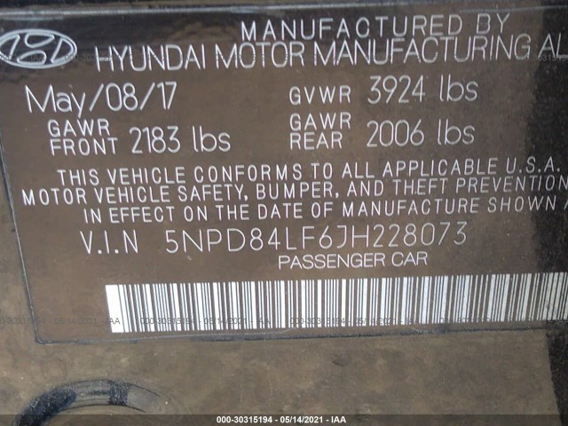 Photo 8 VIN: 5NPD84LF6JH228073 - HYUNDAI ELANTRA 