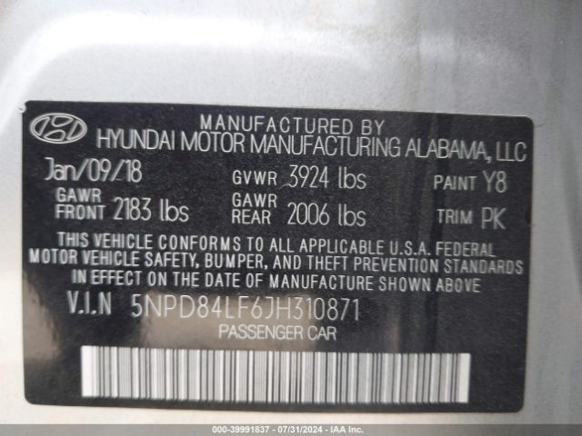 Photo 8 VIN: 5NPD84LF6JH310871 - HYUNDAI ELANTRA 