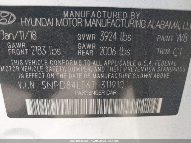 Photo 8 VIN: 5NPD84LF6JH311910 - HYUNDAI ELANTRA 