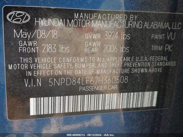 Photo 8 VIN: 5NPD84LF6JH360508 - HYUNDAI ELANTRA 