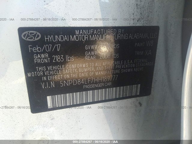 Photo 8 VIN: 5NPD84LF7HH189777 - HYUNDAI ELANTRA 