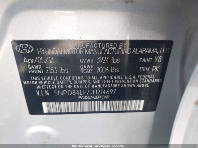 Photo 8 VIN: 5NPD84LF7JH214697 - HYUNDAI ELANTRA 