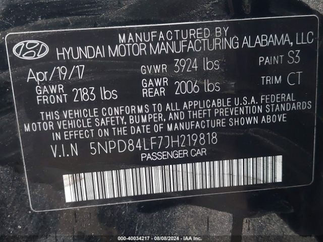 Photo 8 VIN: 5NPD84LF7JH219818 - HYUNDAI ELANTRA 