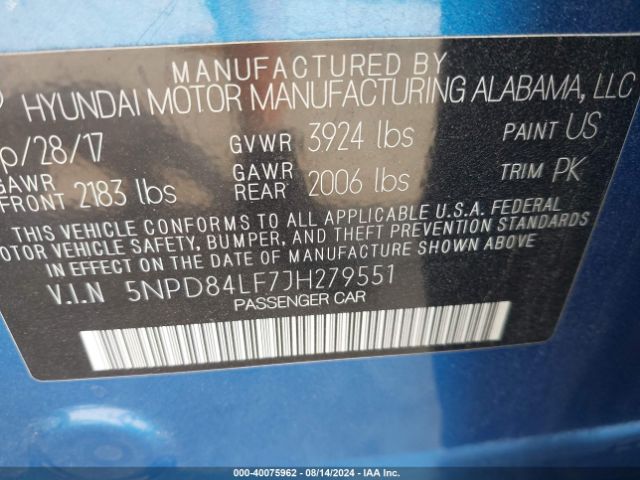 Photo 8 VIN: 5NPD84LF7JH279551 - HYUNDAI ELANTRA 