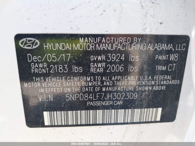 Photo 8 VIN: 5NPD84LF7JH302309 - HYUNDAI ELANTRA 