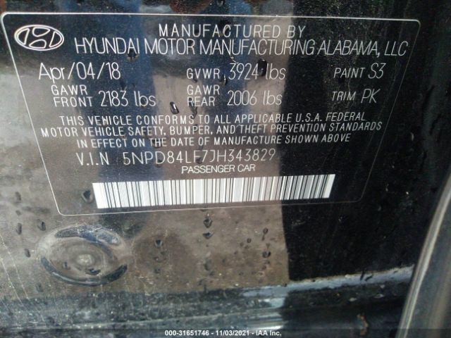 Photo 8 VIN: 5NPD84LF7JH343829 - HYUNDAI ELANTRA 