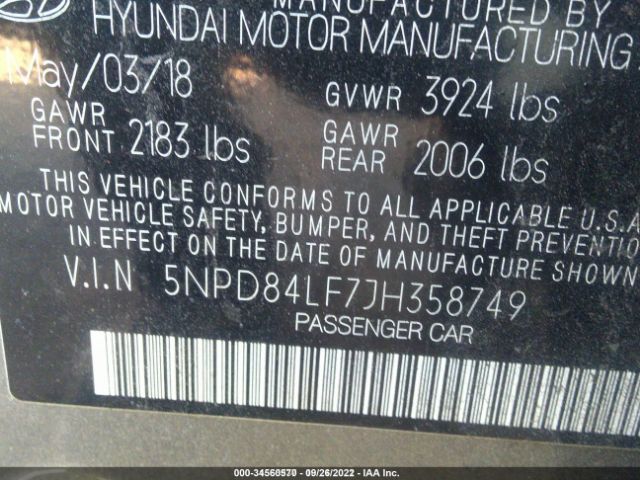 Photo 8 VIN: 5NPD84LF7JH358749 - HYUNDAI ELANTRA 