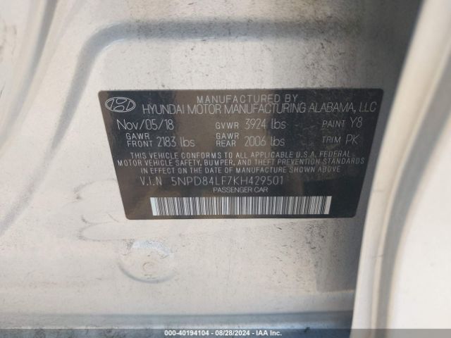 Photo 8 VIN: 5NPD84LF7KH429501 - HYUNDAI ELANTRA 