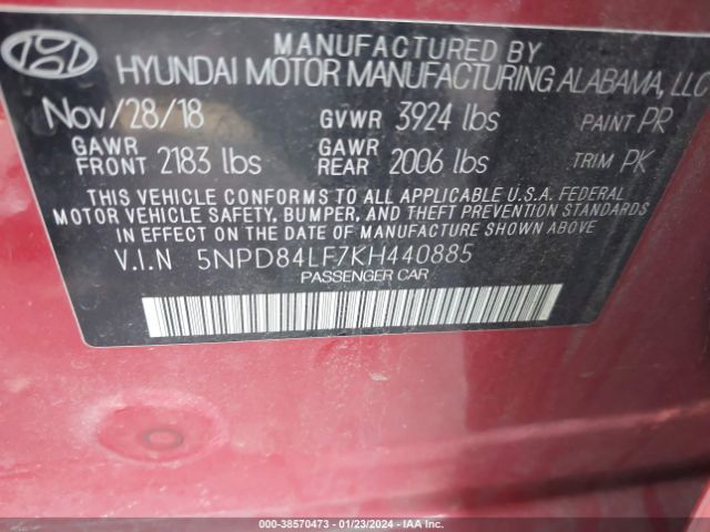 Photo 8 VIN: 5NPD84LF7KH440885 - HYUNDAI ELANTRA 