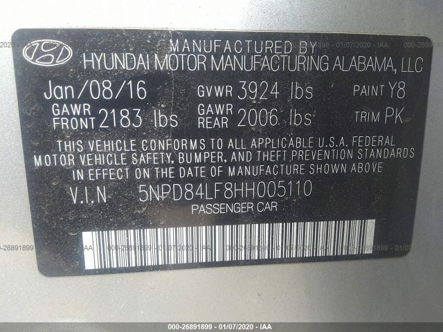 Photo 8 VIN: 5NPD84LF8HH005110 - HYUNDAI ELANTRA 