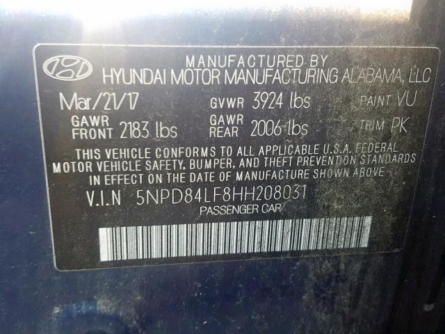 Photo 9 VIN: 5NPD84LF8HH208031 - HYUNDAI ELANTRA SE 